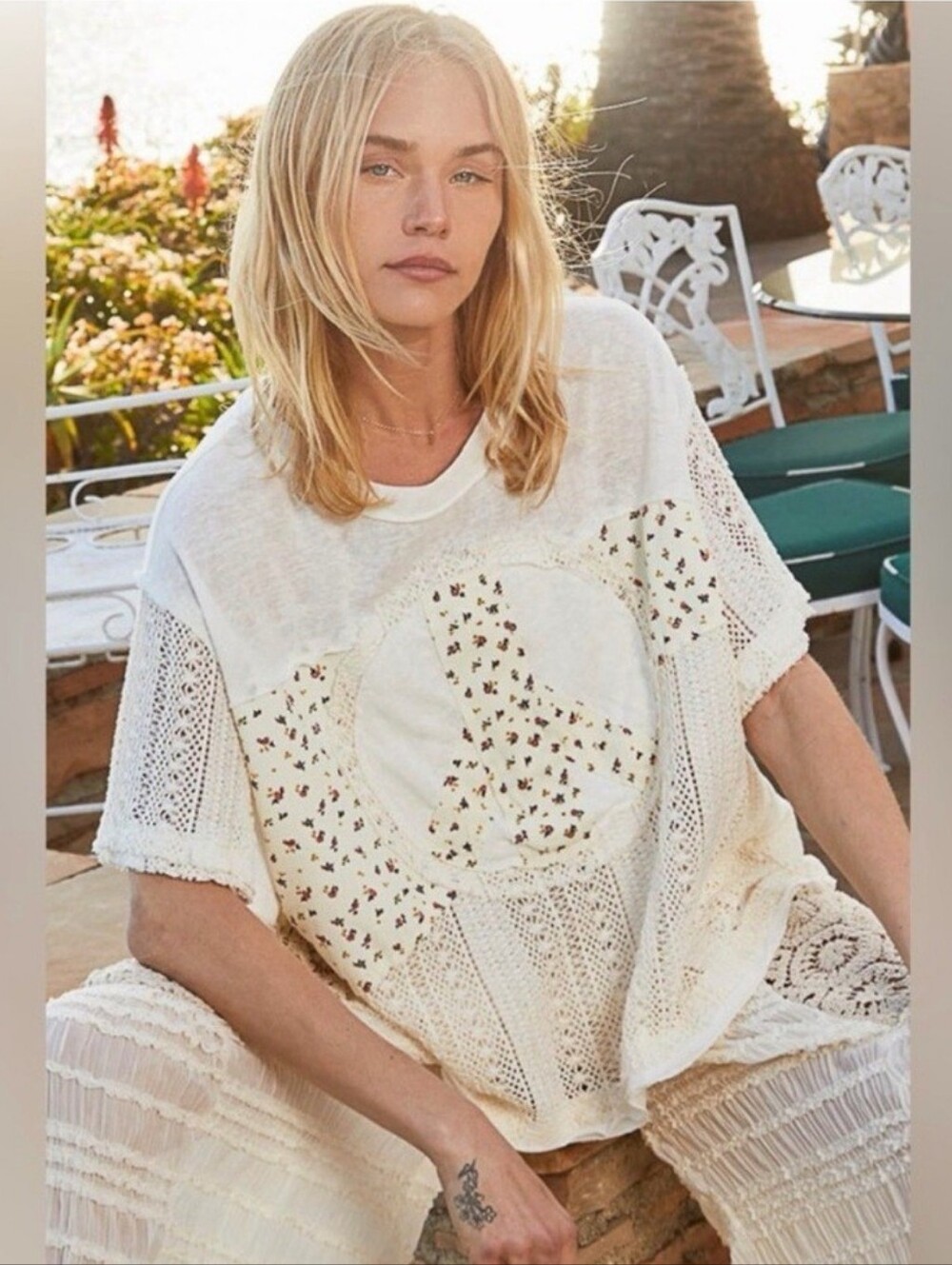 POL White & Cream Patchwork Peace Sighn Crochet Panel Top with Floral Appliqué S